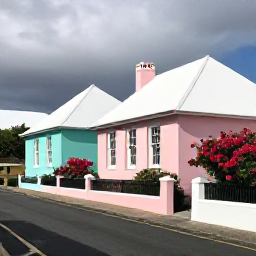 Caribbean Holidays, Bermuda Instagram Spots, A colourful Bermuda street scene in December with pastel cottages, white stepped roofs, flowering gardens and a quiet lane in Hamilton Parish