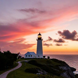 Caribbean Holidays, Bermuda Instagram Spots, A dramatic July sunset over Bermuda's pink and orange sky, viewed from Gibbs Hill Lighthouse with the coastline below