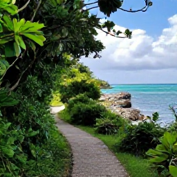 Caribbean Holidays, Bermuda Instagram Spots, A quiet Bermuda nature trail through lush greenery leading to a rocky coastline, gentle February sunlight and a turquoise sea