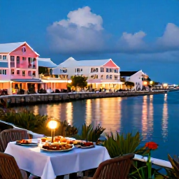 Caribbean Holidays, Bermuda Instagram Spots, A relaxed Bermuda December evening with pastel waterfront buildings, glowing lights, calm harbour water and a local seafood table outdoors