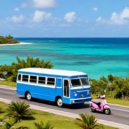 Caribbean Holidays, Bermuda Instagram Spots, A vivid blue Bermuda bus and a pink scooter travelling along a scenic coastal road beside turquoise water and green vegetation