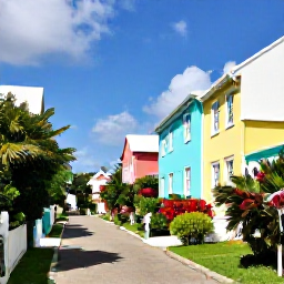 Caribbean Holidays, Bermuda Instagram Spots, Brightly painted Bermuda houses, lush gardens and a quiet lane in the village of St George's on a sunny May day