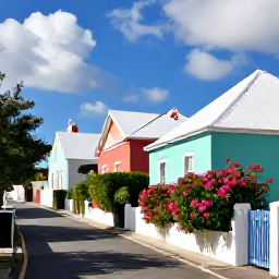 Caribbean Holidays, Bermuda Instagram Spots, Colourful pastel houses and narrow lanes in Bermuda, with flowering plants, white stepped roofs and bright September sunshine