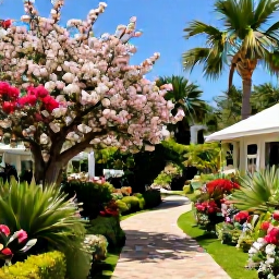 Caribbean Holidays, Bermuda Instagram Spots, Lush Bermuda garden filled with spring blossoms, palm trees and a peaceful stone path in March sunshine