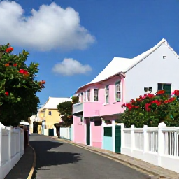 Caribbean Holidays, Bermuda Instagram Spots, Pastel-coloured Bermuda houses and a charming lane in St George&rsquo;s in April sunshine, with colourful flowers and historic details