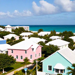 Caribbean Holidays, Bermuda Instagram Spots, Pastel-coloured houses and turquoise sea in a sunny Bermuda village