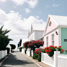 Caribbean Holidays, Bermuda Instagram Spots, Pastel cottages and bright spring flowers along a quiet Bermuda lane in soft March sunshine