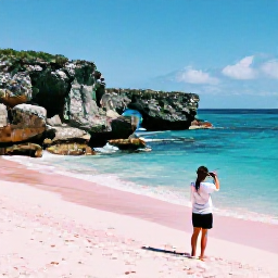 Caribbean Holidays, Bermuda Instagram Spots, Pink sand beach at Horseshoe Bay, Bermuda, with turquoise sea, rocky cliffs and a person taking a scenic photograph in May