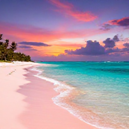 Caribbean Holidays, Bermuda Instagram Spots, Quiet Bermuda beach with clear shallow water, pink sand and a vivid sunset sky, photographed from the shoreline