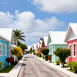 Caribbean Holidays, Bermuda Instagram Spots, Quiet Bermuda lane lined with pastel cottages, tropical plants and traditional white stepped roofs