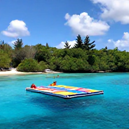 Caribbean Holidays, Bermuda Instagram Spots, The colourful floating pontoon at Blue Hole Park in Bermuda surrounded by clear blue water, green woodland and swimmers in July