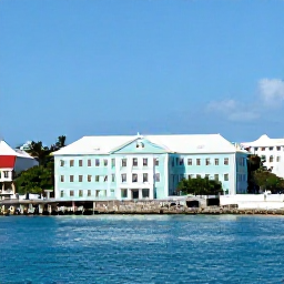 Caribbean Holidays, Bermuda Instagram Spots, The pastel-blue and white exterior of the Royal Naval Dockyard in Bermuda, with historic buildings, harbour water and spring sunshine