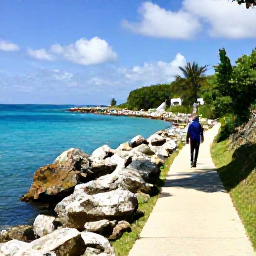 Caribbean Holidays, Bermuda Instagram Spots, Turquoise sea, limestone rocks and a person walking along the scenic Bermuda Railway Trail in gentle February sunlight
