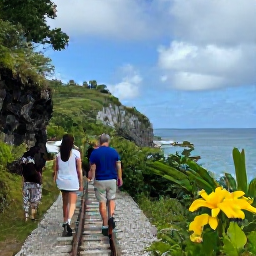 Caribbean Holidays, Bermuda January Adventures, Walkers exploring a scenic Bermuda railway trail beside cliffs, sea views and lush subtropical vegetation