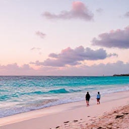 Caribbean Holidays, Bermuda January Beaches, A peaceful Bermuda sunset over a pink-sand beach in January, with gentle waves, pastel sky and a couple walking along the shore