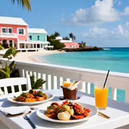 Caribbean Holidays, Bermuda January Beaches, A relaxed Bermuda seaside restaurant in January serving fresh seafood, with pastel architecture and an outdoor terrace overlooking the water