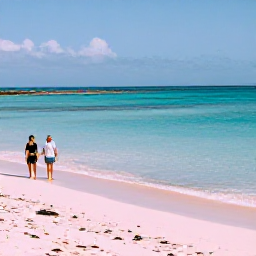 Caribbean Holidays, Bermuda January Breaks, A calm Bermuda coastline in January with pink sand, turquoise water and a couple walking beside the sea