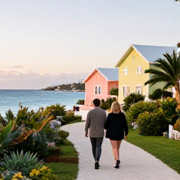 Caribbean Holidays, Bermuda January Breaks, Couple walking along Bermuda's scenic coastline in January, with pastel houses, coastal greenery and soft winter sunlight