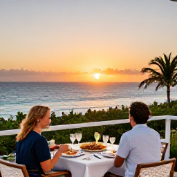 Caribbean Holidays, Bermuda January Breaks, Elegant Bermuda seafood restaurant at sunset, with a couple dining on a terrace overlooking the ocean