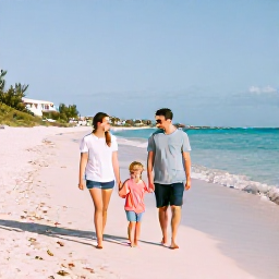 Caribbean Holidays, Bermuda January Holidays, A happy family walking along a quiet pink-sand beach in Bermuda on a bright January morning