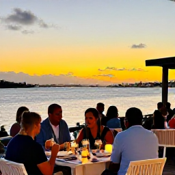 Caribbean Holidays, Bermuda January Holidays, A relaxed Bermuda evening with diners enjoying a waterfront meal as the sky turns golden in January