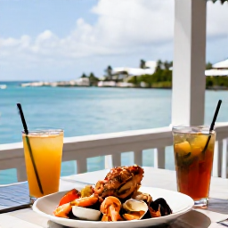 Caribbean Holidays, Bermuda January Holidays, A relaxed Bermuda waterfront restaurant in January, with fresh seafood, colourful drinks and views across calm blue water