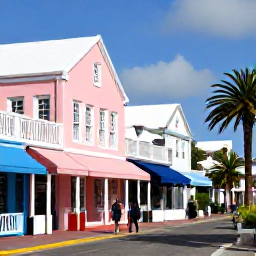 Caribbean Holidays, Bermuda January Holidays, A sunny January street scene in Hamilton, Bermuda, with pastel buildings, palm trees and locals walking between shops