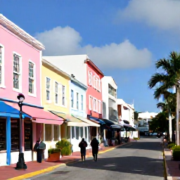 Caribbean Holidays, Bermuda January Holidays, Colourful Hamilton street scene in Bermuda, showing pastel buildings, local shops and visitors exploring in January sunshine