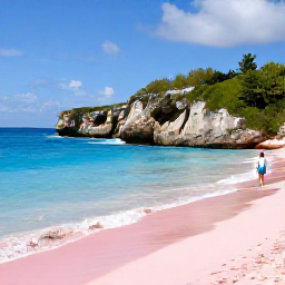 Caribbean Holidays, Bermuda January Holidays, Dramatic Bermuda coastline with clear blue water, pink sand and a visitor walking beside coastal cliffs