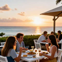Caribbean Holidays, Bermuda January Holidays, Elegant Bermuda all-inclusive resort dining terrace at sunset in January, with ocean views, relaxed guests and island-inspired food
