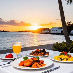 Caribbean Holidays, Bermuda January Holidays, Elegant Bermuda dining scene with fresh seafood, colourful local dishes and a harbour view at sunset