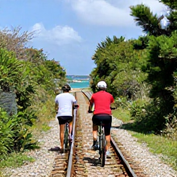 Caribbean Holidays, Bermuda January Holidays, Family cycling on a quiet Bermuda railway trail beside green vegetation and glimpses of the blue sea