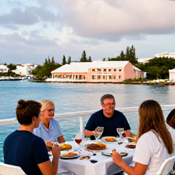 Caribbean Holidays, Bermuda January Holidays, Family enjoying a relaxed evening meal on a Bermuda waterfront terrace with pastel buildings and harbour views