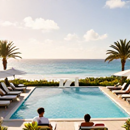 Caribbean Holidays, Bermuda January Holidays, Travellers relaxing beside an elegant Bermuda resort pool overlooking the Atlantic Ocean in soft January sunshine