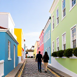 Caribbean Holidays, Bermuda January Honeymoons, Couple exploring colourful historic streets in St George's, Bermuda, with pastel buildings, stone lanes and a sunny winter day