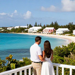 Caribbean Holidays, Bermuda January Honeymoons, Happy newlywed couple overlooking Bermuda coastline from a scenic viewpoint, turquoise ocean, pastel houses and clear January sky