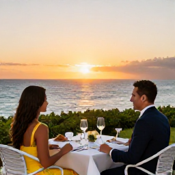 Caribbean Holidays, Bermuda January Honeymoons, Romantic Bermuda honeymoon dinner for two overlooking the ocean at sunset, elegant table setting and relaxed island atmosphere