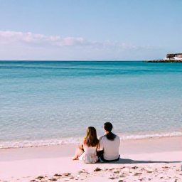Caribbean Holidays, Bermuda January Honeymoons, Romantic pink-sand beach in Bermuda with a couple sitting together near the shoreline, clear blue water and gentle January sunshine