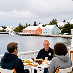 Caribbean Holidays, Bermuda January Tours, A couple relaxing at an outdoor caf&eacute; in Bermuda during January, with pastel buildings, local food and a peaceful harbour view