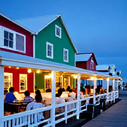 Caribbean Holidays, Bermuda January Tours, Relaxed January evening in Bermuda with diners at an outdoor restaurant, colourful buildings and soft light beside the harbour