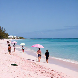 Caribbean Holidays, Bermuda January Tours, Visitors walking beside Bermuda's pink-sand Elbow Beach on a clear January day, with calm blue sea and pastel umbrellas