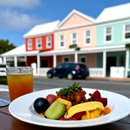 Caribbean Holidays, Bermuda January Wellness, Outdoor caf&eacute; in Hamilton, Bermuda, January afternoon, healthy local meal, pastel buildings and relaxed island setting