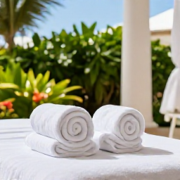 Caribbean Holidays, Bermuda January Wellness, Relaxing spa treatment in an elegant Bermuda wellness resort, natural light, white towels, tropical greenery and serene atmosphere