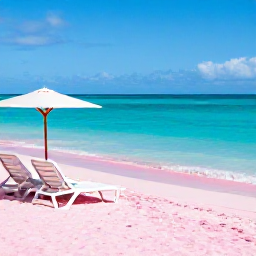 Caribbean Holidays, Bermuda July Holidays, Bright summer beach scene in Bermuda with pink sand, turquoise water, sun loungers and clear blue skies