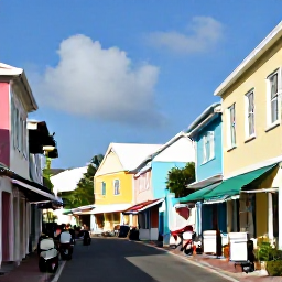 Caribbean Holidays, Bermuda July Holidays, Colourful Hamilton street in Bermuda with pastel buildings, scooters, shops and visitors exploring in warm summer sunshine