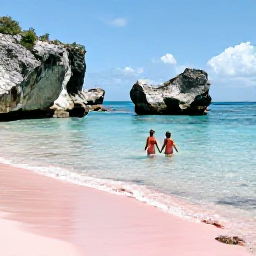 Caribbean Holidays, Bermuda July Holidays, Couple swimming in clear shallow water at Horseshoe Bay, Bermuda, with pink sand and dramatic coastal rocks