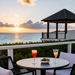 Caribbean Holidays, Bermuda July Holidays, Elegant Bermuda adults-only hotel terrace at sunset, cocktails on a table and ocean views