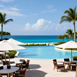 Caribbean Holidays, Bermuda July Holidays, Elegant Bermuda all-inclusive resort beside the sea, with a swimming pool, palm trees and outdoor dining terrace