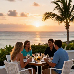 Caribbean Holidays, Bermuda July Holidays, Relaxed Bermuda resort evening with diners on a terrace, warm sunset light and a calm sea in the background