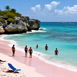 Caribbean Holidays, Bermuda July Holidays, Travellers swimming and relaxing at Horseshoe Bay in Bermuda, with pink sand, turquoise sea and rocky coastal scenery